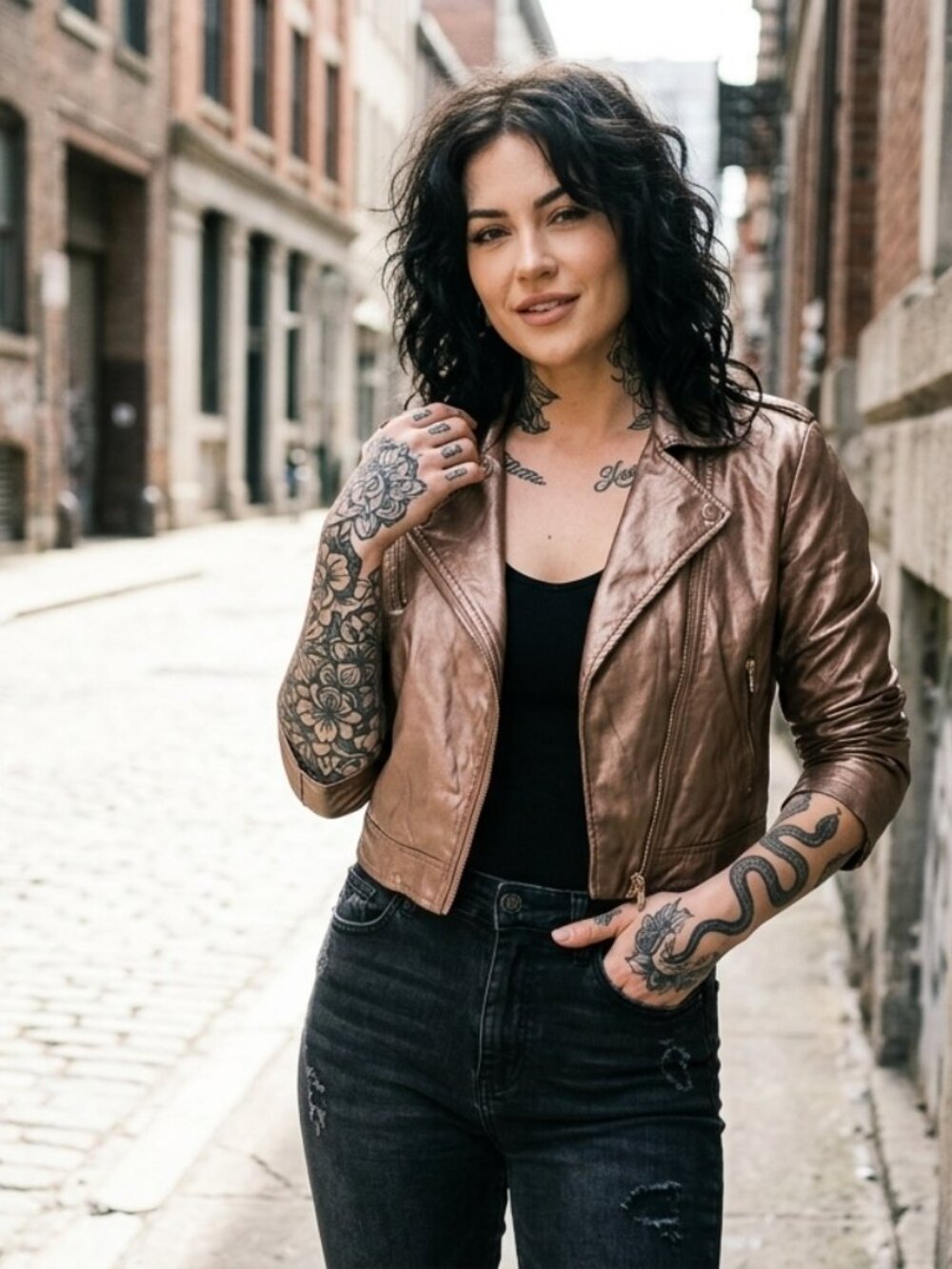 Rose Gold Metallic Faux Leather Cropped Moto Jacket - Biker Silhouette